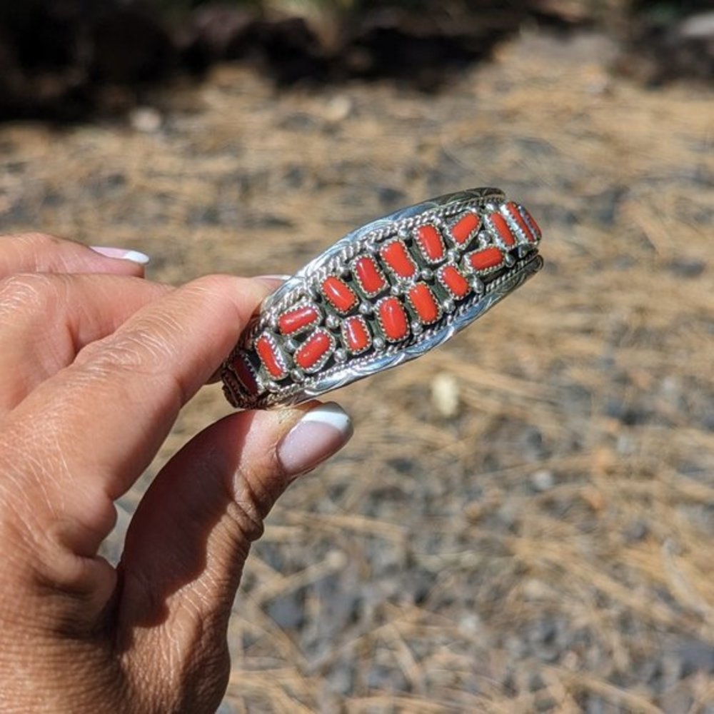 Navajo Bracelet Cluster Coral Jewelry Sterling Silver Native American Sz 6.5in** - Picture 9 of 10